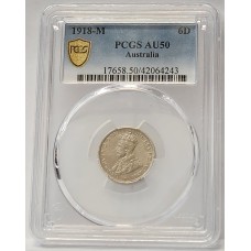 AUSTRALIA 1918 . SIXPENCE . PCGS AU50